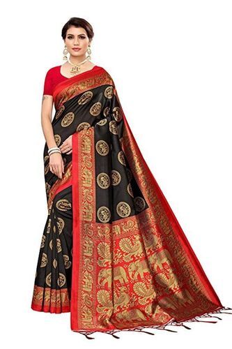 Women'S Printed Beautiful Designer Embroidered Black Silk Saree With Zari Borders