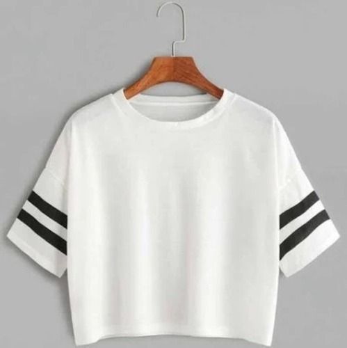 Comfortable And Washable Cotton White Round Neck Black Striped Half Sleeve Girls T Shirt 