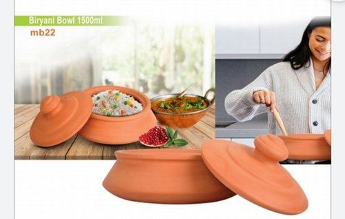 Brown Handmade 100% Natural Clay Biryani Bowl With Lid For Cooking