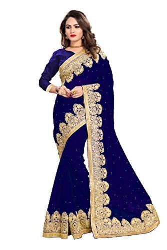 Ladies Fancy Embroidery Stone Work Georgette Saree With Unstitched Blouse