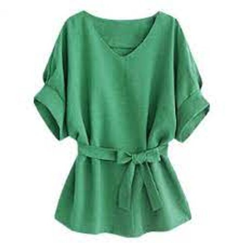 Stylish And Good Quality Comfortable Ribbon Closure Plain Round Neckline Green Fancy Ladies Top