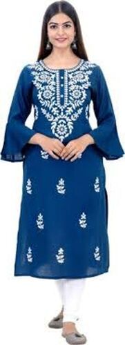 Stylish And Long Sleeve Round Neckline Comfortable Fancy Blue Embroidered Kurtis For Woman  Size: Different Available