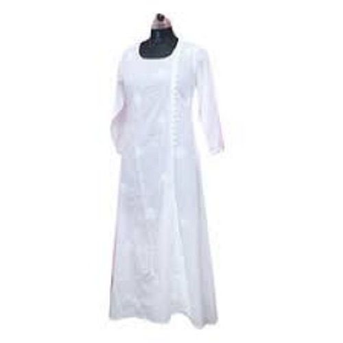 Pink Breathable Party Wear Full Sleeve White Cotton Long Kurti For Ladies 