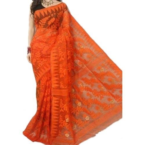 Orange 5.5 Meter Length Designer And Party Wear Ladies Jamdani Saree