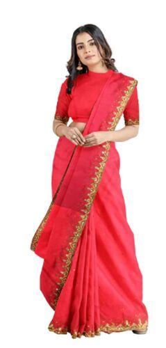 Red Designer Wedding Partywear Silk Stone Beads Hand Embroidery Work Bridal Saree