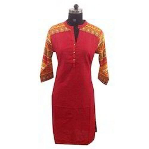 Red Round Neck Breathable Party Wear Embroidered Full Sleeve Brown Cotton Long Kurti For Ladies