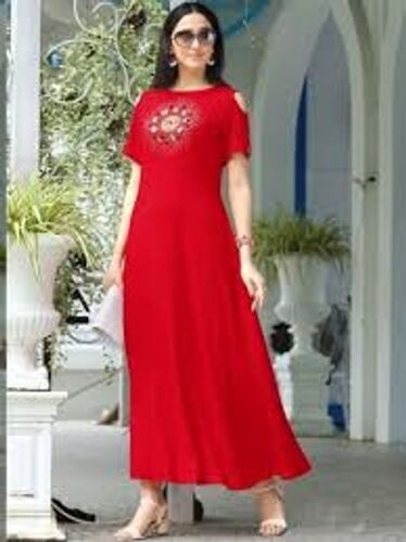 Round Neckline Short Sleeve Stylish And Comfortable Casual Wear Fancy Red Kurtis For Woman