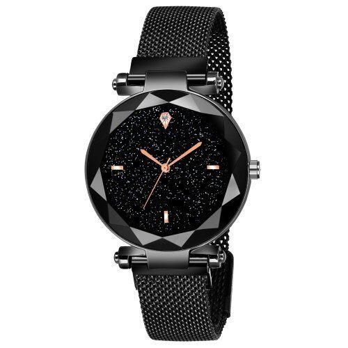 stainless steel luxury black glass analog round shape onvia magnet strap wrist watch 059