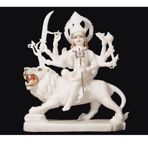 Easy To Clean White Marble Goddess Shera Mata Statues For Home And Temple