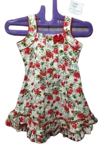 Girls Red And White Cotton Sleeveless Printed Frock