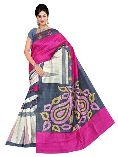 सफ़ेद सॉफ्ट और आरामदायक भागलपुरी स्टाइल वाली प्रिंटेड कॉटन ब्लेंड साड़ी