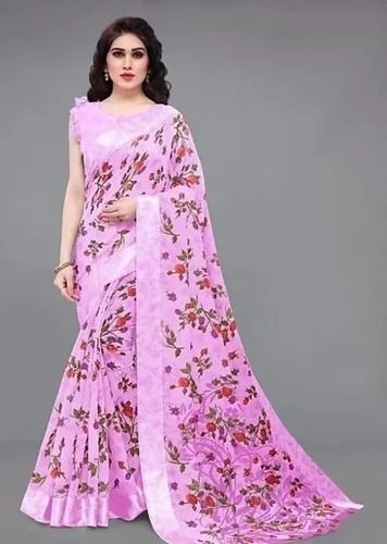 High Speed 5.50 Meter Size Comfortable Pink Color Flower Printed Design Cotton Sarees