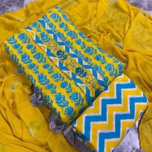 Daily Wear Comfortable Floral Print Yellow And Blue Design Cotton Ladies Salwar Suit