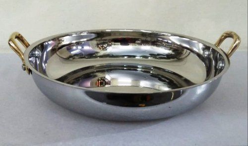 Stainless Steel Plain Round Serving Pan Bowl with Small Brass Handles