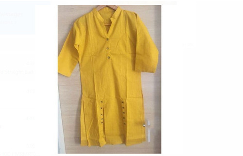 Washable And Comfortable Short Sleeve Yellow Plain Pattern Cotton Ladies Kurti