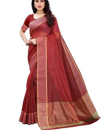 Handwoven Cotton Fabric Cotton Silk Banarsi Style Zari Work Woven Pattern For Summer Season Ethnic Maroon And Golden Color Saree