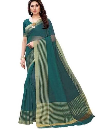 Summer Cotton Fabric Cotton Silk Banarsi Style Striped Pattern Casual Green And Golden Saree