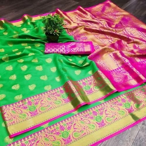 Multicolor Green And Pink Comfortable Twin Cotton Silk Designer Ladies Saree