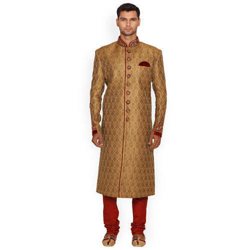 Silver Mens Polyester Knitted Full Sleeves Beige And Red Wedding Sherwani