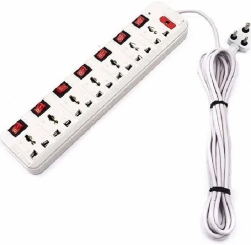 White Plastic Extension Board - 6 Ampere Rated Current, 220 Volt Voltage, 2 Triple Sockets & 1 Double Socket, 6 Feet Cable Length