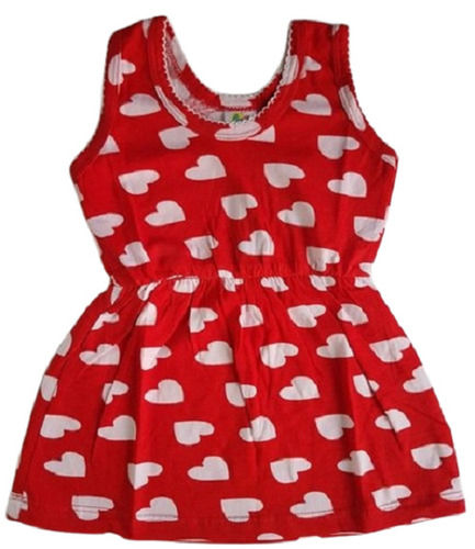 Comfortable Sleeveless Casual Wear Heart Printed Red Cotton Baby Girl Frock