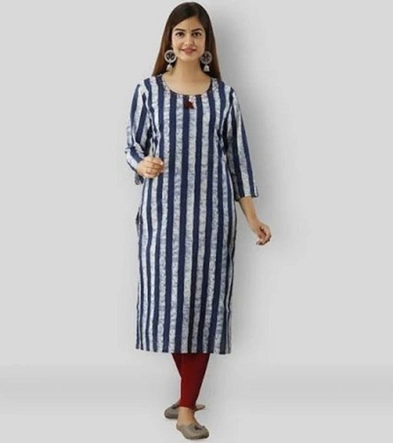 Fashionable Blue And Grey Color Striped Cotton Casual Wear Ladies Kurta - Cotton Material, Medium Size, Blue and Grey Stripes | Breathable, Washable, Comfortable Design with Pockets
