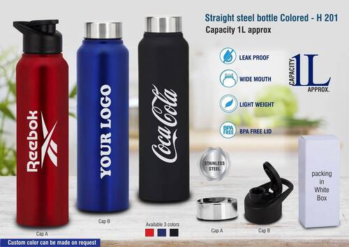 H201 a   Colored Straight Steel Bottle with Approx 1 Liter Capacity