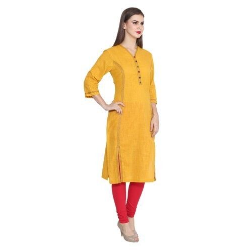 Ladies Casual Wear 3/4th Sleeve Plain Pattern Laces Straight Cotton Kurtis