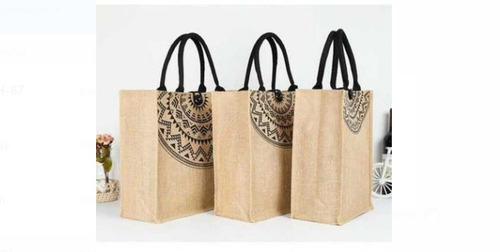 आयताकार जूट सामग्री भूरा और काला मुद्रित सादा डिजाइनर जूट बैग