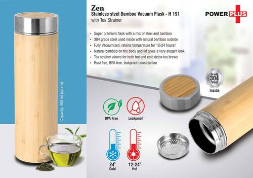 Zen: Stainless Steel Bamboo Vacuum Flask with Tea Strainer (Capacity 500 Ml Approx)