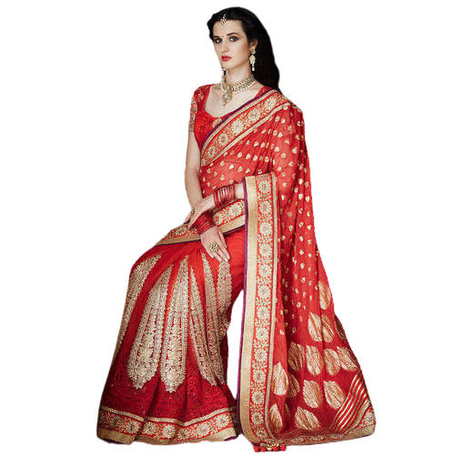 Designer Beautiful Heavy Zari Work Embroidered Traditional Red Wedding Saree Packaging: Bag