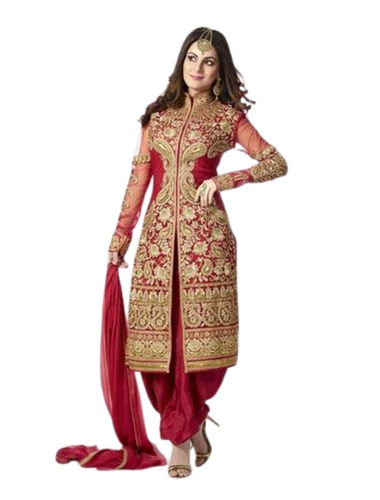 Red With Golden Border Georgette Heavy Embroidery Ladies Designer Suit