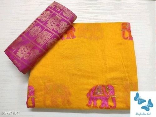 Yellow And Pink Printed Pattern Comfortable Cotton Silk Ladies Saree