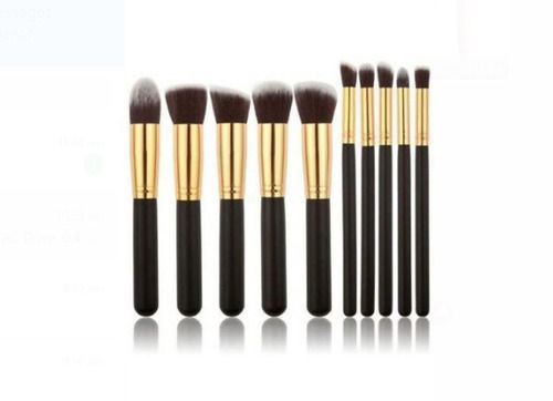 3 Inches Pack Of 10 Pieces And Wood Materiel Black And Golden Finish Make Up Brushes Set