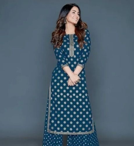 Party Wear Easily Washable And Breathable Blue Printed Pattern Ladies Kurta And Palazzo