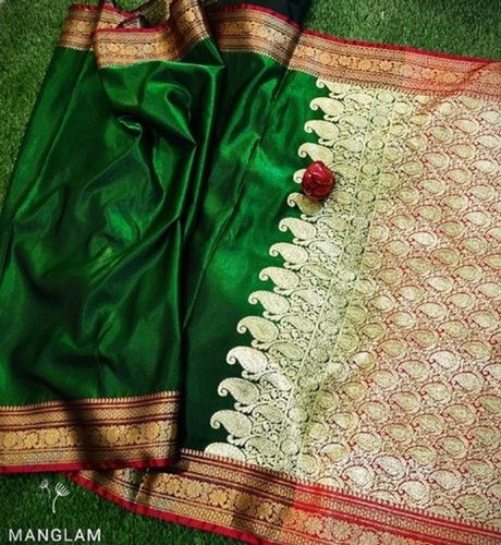 Party Wear Printed Modern And Trendy Breathable Green With Golden Sari Banarasi Silk Saree