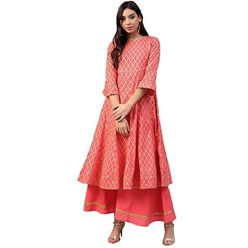 Stylish Round Neck Three-Fourth Women Regular Cotton Print Anarkali Kurta