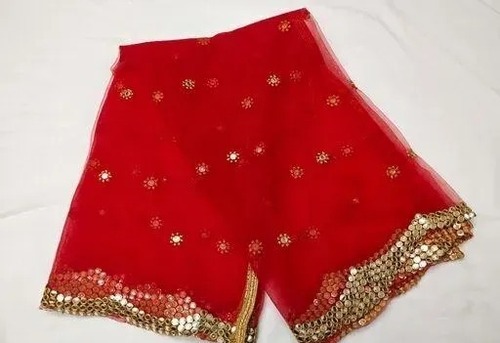 वज़न में पीला आयताकार हल्का एम्ब्रॉयडरी किया हुआ लाल स्टाइलिश और फैशनेबल नेट दुपट्टा