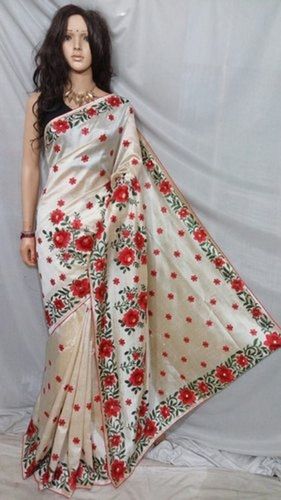 Mild Steel Traditional Elegant Beautiful And Breathable Very Soft Silk Saree Off White And Full Embroidery