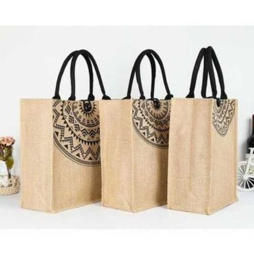 3 Kilogram Capacity Printed Pattern Black Handle Rectangular Light Brown Designer Jute Bag Jute 