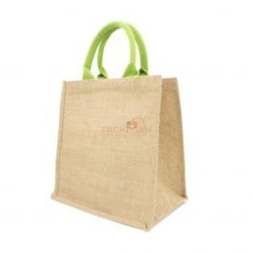 3 Kilogram Capacity Rectangular Brown Green Handle Jute Carry Bag 