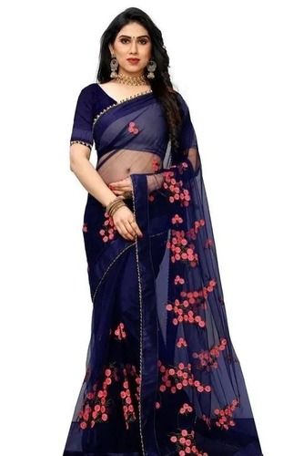 Blue 5.5 Meter Length Designer And Party Wear Ladies Net Sarees