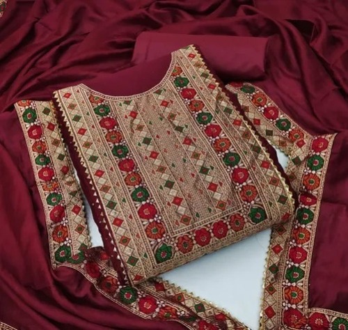 ब्राउन डिज़ाइनर और एम्ब्रॉयडरी कैज़ुअल वियर अनस्टिच्ड सिल्क सूट