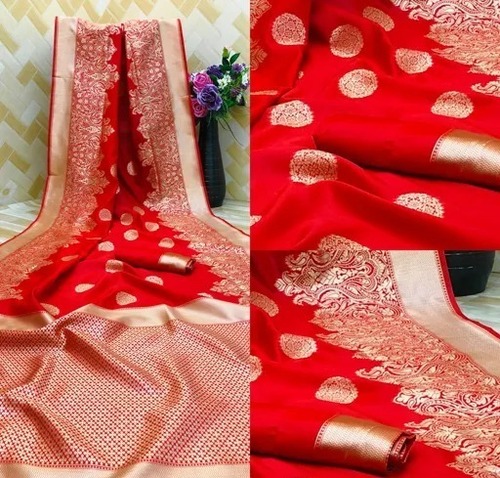 लाल 5.5 मीटर लंबाई वाली डिज़ाइनर और पार्टी वियर लेडीज़ कॉटन सिल्क साड़ी
