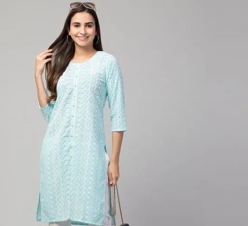 Sky Blue Designer Full Sleeves Cotton Round Neck Long Kurtis 