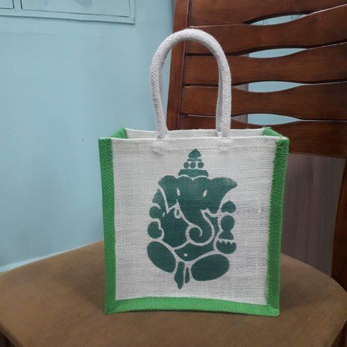 White with Green Printed Small Jute Bags, Size: 8x84