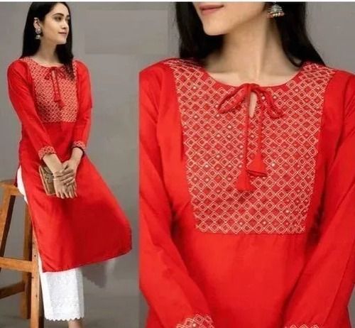 Casual Wear Long Sleeves Round Neck Red Ladies Cotton Kurtis