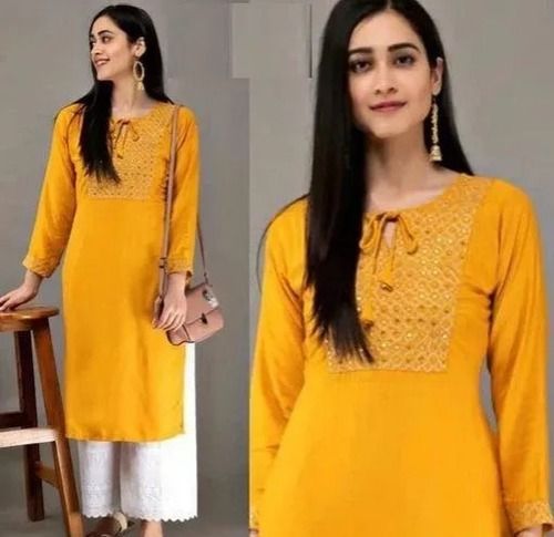 Casual Wear Long Sleeves Round Neck Yellow Ladies Cotton Kurtis