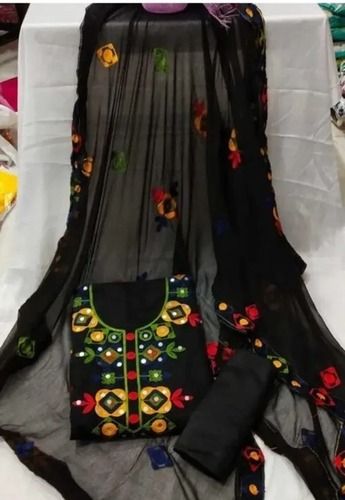 Casual Wear Round Neck Black Cotton Embroidered Pattern Unstitched Salwar Suit 