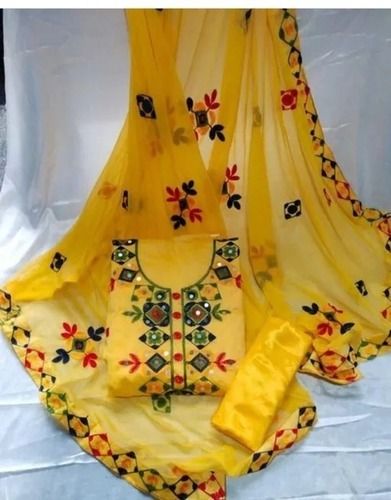 Casual Wear Round Neck Yellow Cotton Embroidered Pattern Unstitched Salwar Suit 